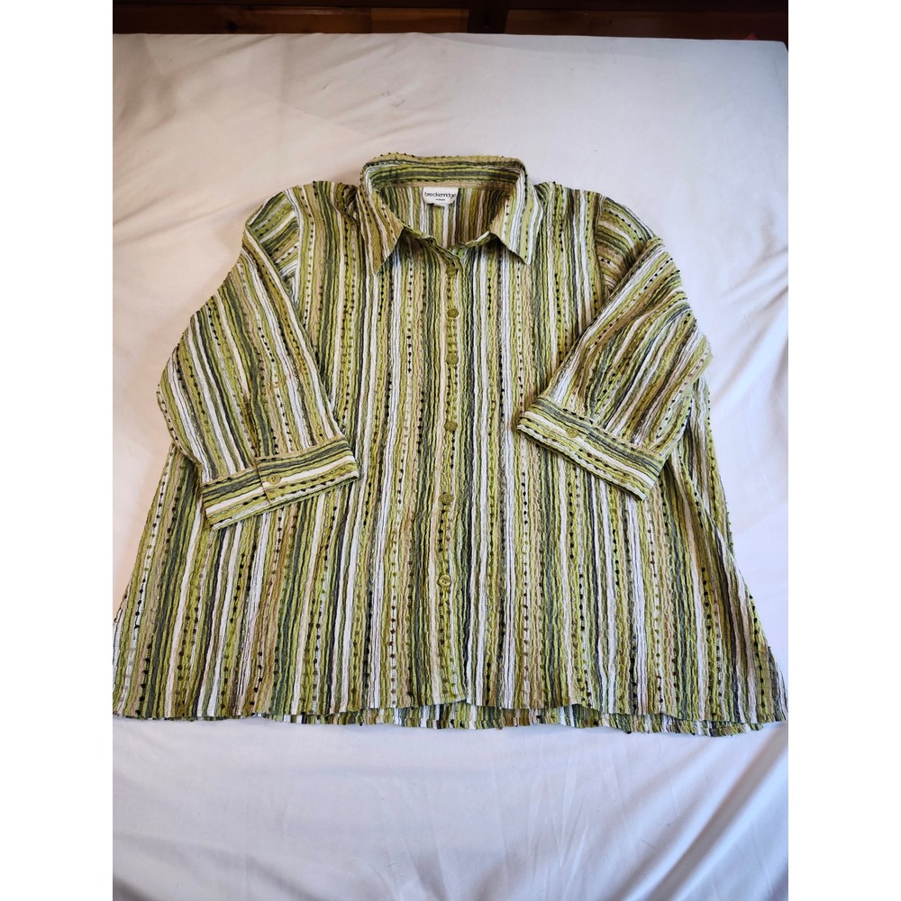 Breckenridge Woman 3X Green Striped Seersucker Button Up Shirt 3/4 Sleeve Top